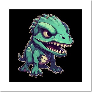 Sick Green Scary Chibi T-Rex Isometric Dinosaur Posters and Art